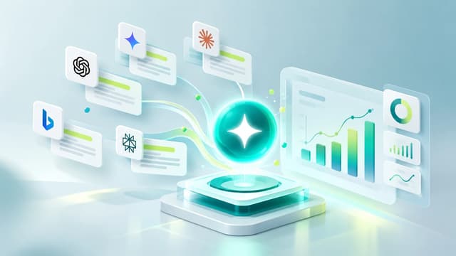 Illustration of AI assistant answer cards flowing into a glowing central orb, beside a dashboard of bar, line and donut charts